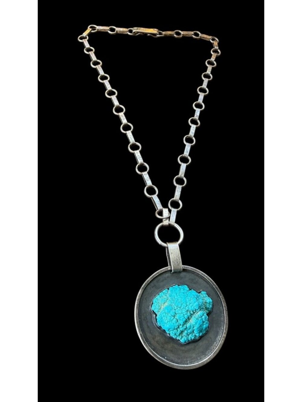 Native American Signed JHS Raw Turquoise Nugget Free Form Pendant Chain Necklace